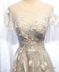 Gray Aline Lace Long Prom Dress, Gray Tulle Lace Formal Graduation Dress