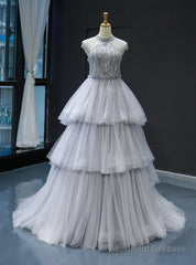 Gray Ball Gown Tulle High Neck Backless Cap Sleeve Prom Dress With Pearls