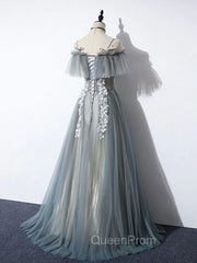 Gray Blue A line Tulle Lace Long Evening Prom Dresses, Gray Blue Graduation Dresses