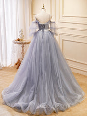 Gray Blue A-Line Tulle Lace Long Evening Prom Dresses, Gray Blue Evening Graduation Dresses