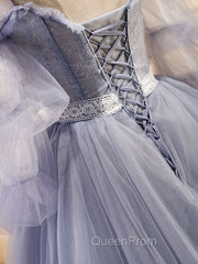 Gray Blue A-Line Tulle Lace Long Evening Prom Dresses, Gray Blue Evening Graduation Dresses