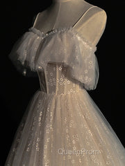 Gray blue/champagne Tulle Long Evening Prom Dresses, Tulle Evening Graduation Dresses