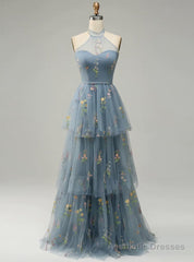 Gray Blue Tulle Halter Prom Dress