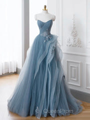 Gray Blue Tulle Lace Long Evening Prom Dresses, Gray Blue Formal Dresses