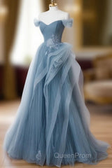 Gray Blue Tulle Lace Long Evening Prom Dresses, Gray Blue Formal Dresses