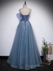 Gray Blue Tulle Long Evening Prom Dresses A Line Evening Dresses Formal Dresses December Wedding Guest Dresses