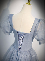 Gray Blue Tulle Long Evening Prom Dresses, Gray Blue Tulle Evening Dresses