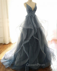Gray Evening Dresses Tulle V-neck Ruffles Long Spaghetti Lace Beading Evening Prom Party Gowns