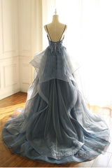 Gray Evening Dresses Tulle V-neck Ruffles Long Spaghetti Lace Beading Evening Prom Party Gowns