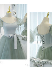 Gray Green A-Line Tulle Long Evening Prom Dresses, Gray Green Formal Dresses