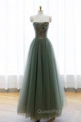 Gray Green Tulle Beaded Long Evening Prom Dresses, A-Line Evening Dresses