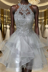 Gray Lace Short Evening Prom Dresses, Fluffy Gray Lace Homecoming Dresses, Gray Formal Evening Dresses