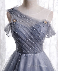 Gray One Shoulder Tulle Long Evening Prom Dresses Gray Tulle Evening Dresses