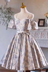 Gray Print Short Evening Prom Dresses Dresses, Lovely Spaghetti Strap Evening Party Dresses