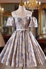 Gray Print Short Evening Prom Dresses Dresses, Lovely Spaghetti Strap Evening Party Dresses