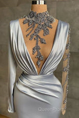 Gray Robe De Soiree Sheath Long Sleeves Beaded See Through Sexy Long Evening Prom Dresses Evening Prom Gown Evening Dresses