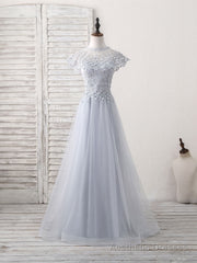 Gray Round Neck Lace Tulle Long Prom Dress, Gray Evening Dress