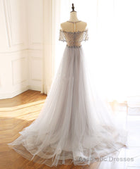 Gray Round Neck Tulle Beads Long Prom Dress Forma Graduation Dresses