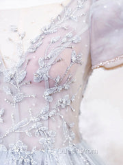 Gray Round Neck Tulle Lace Long Evening Prom Dresses, Gray Tulle Evening Dresses