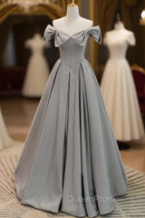 Gray Satin Floor Length Evening Dresses with Pearls, Cute A-Line Evening Prom Dresses