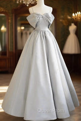 Gray Satin Long Evening Prom Dresses, A-Line Spaghetti Straps Evening Graduation Dresses