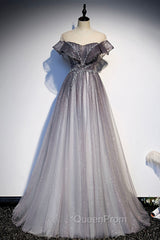 Gray Scoop Neckline Tulle Long Evening Dresses, A-Line Evening Graduation Dresses