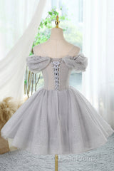 Gray Scoop Neckline Tulle Sequins Short Evening Prom Dresses, A-Line Off The Shoulder Evening Party Dresses