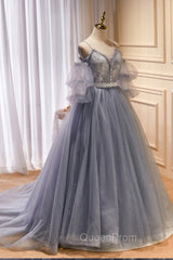 Gray Spaghetti Strap Lace Long Evening Prom Dresses, Off the Shoulder Evening Party Dresses