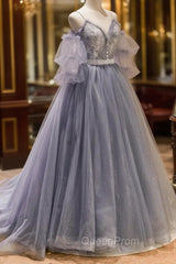 Gray Spaghetti Strap Lace Long Evening Prom Dresses, Off the Shoulder Evening Party Dresses