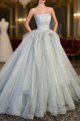 Gray Strapless Long Evening Dresses, Gray Tulle Evening Dresses Party Dresses