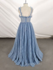 Gray Sweetheart Neck Tulle Lace Long Evening Prom Dresses Blue Evening Dresses
