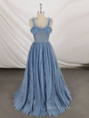 Gray Sweetheart Neck Tulle Lace Long Evening Prom Dresses Blue Evening Dresses