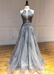 Gray Tulle Appliques Halter Backless Prom Dress