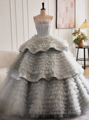 Gray Tulle Ball Gown Tiers Quinceanera Dresses