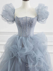 Gray tulle beads long Evening Prom Dresses, gray tulle formal Dresses