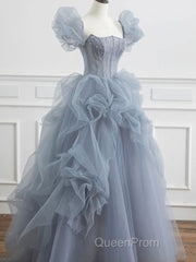 Gray tulle beads long Evening Prom Dresses, gray tulle formal Dresses