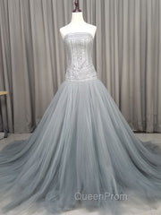 Gray Tulle Beads Long Evening Prom Dresses Gray Tulle Evening Graduation Dresses