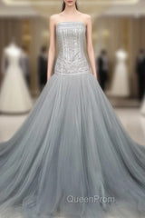Gray Tulle Beads Long Evening Prom Dresses Gray Tulle Evening Graduation Dresses