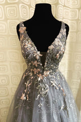 Gray Tulle Lace long A-Line Evening Prom Dresses, Gray V-Neck Evening Party Dresses