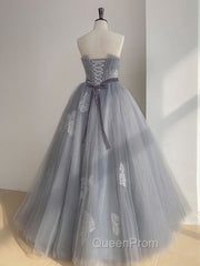 Gray Tulle Lace Long Evening Prom Dresses, Gray Ball Gown Evening Dresses