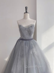 Gray Tulle Lace Long Evening Prom Dresses, Gray Ball Gown Evening Dresses