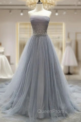 Gray Tulle Lace Long Evening Prom Dresses, Gray Blue Tulle Lace Evening Dresses