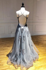 Gray tulle lace long Evening Prom Dresses gray tulle lace formal Dresses