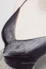 Gray Tulle Long A-Line Evening Prom Dresses, V-Neck Spaghetti Straps Evening Dresses