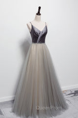Gray Tulle Long A-Line Evening Prom Dresses, V-Neck Spaghetti Straps Evening Dresses