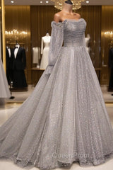 Gray Tulle Long Sleeve A-Line Evening Prom Dresses, Spaghetti Straps Evening Dresses