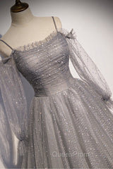 Gray Tulle Long Sleeve A-Line Evening Prom Dresses, Spaghetti Straps Evening Dresses