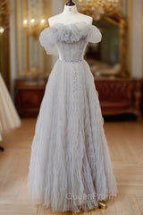 Gray Tulle Off Shoulder Long Evening Prom Dresses, Gray Evening Dresses