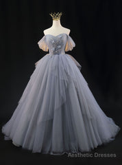 Gray Tulle Off the Shoulder Pleats Beading Prom Dress