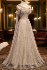 Gray Tulle One Shoulder Long Evening Prom Dresses, Gray Evening Graduation Dresses with Beading